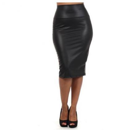 Faux Leather High Rise Midi Pencil Skirt