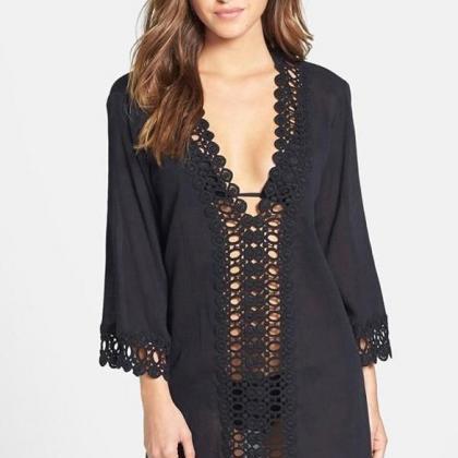Lace-crochet Plunge V Long Sleeve Beach Cover Up..