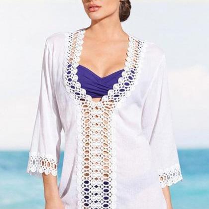 Lace-crochet Plunge V Long Sleeve Beach Cover Up..