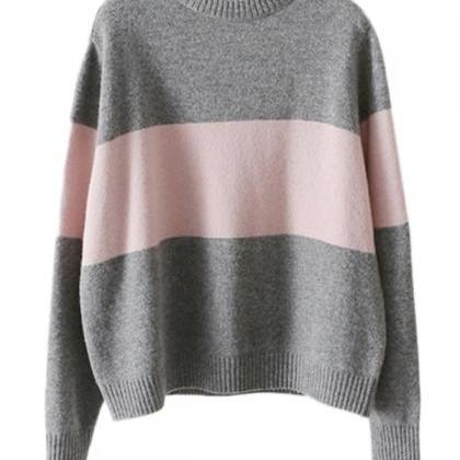 Assorted Color O Neck Wide Striped Sweater