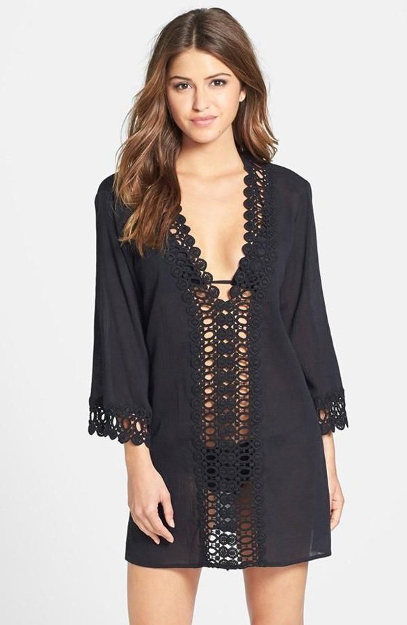 Lace Crochet Plunge V Long Sleeve Beach Cover Up Dress