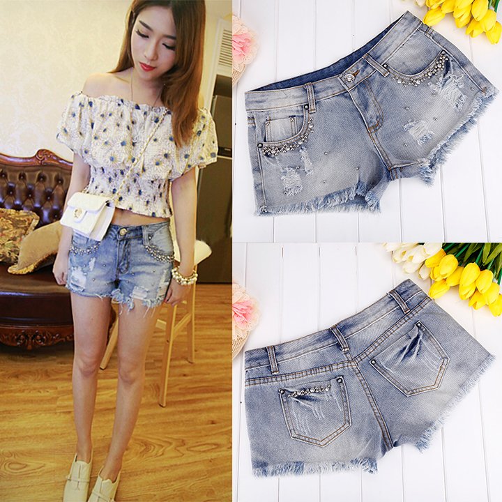 Fashion Women's Summer Beading Slim Fit Casual Lovely Short Jeans