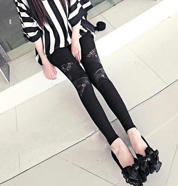 Fashion Womens Synthetic Leather Lace Matching Stretch Skinny Pants Tights Leggings Black