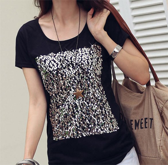 Stylish Lady Women's Casual Short Sleeve O-neck Sequined Slim Shirts T-shirts