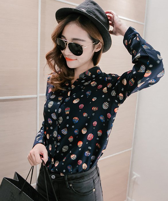 Stylish Lady Women's Casual Fashion Long Sleeve Lapel Printed Blouse Shirts Tops