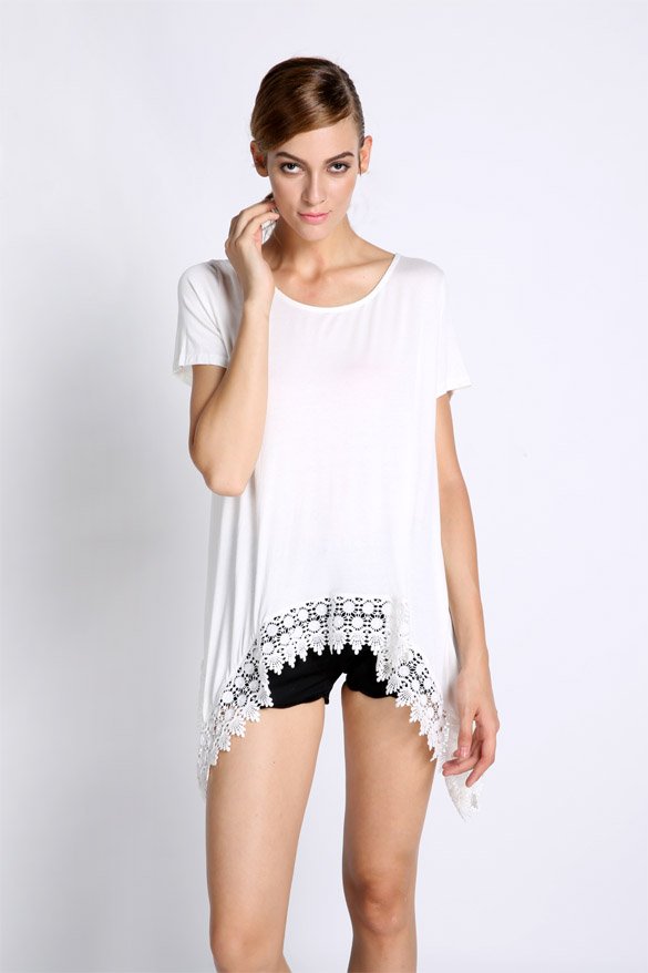 Women's Asymmetry Lace Embroidered Hem T-shirts Loose Tops