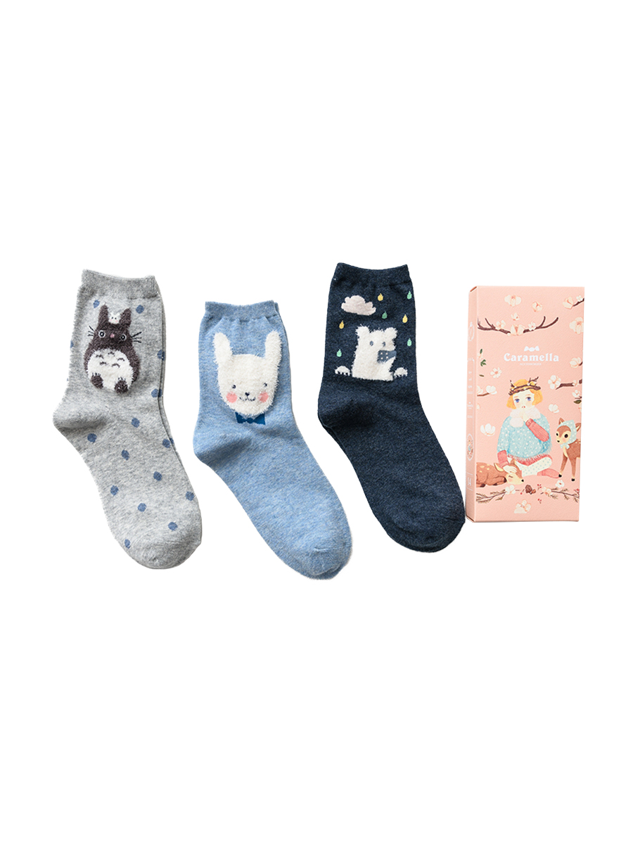 Women's 3 Pairs Gift Box Blue Big-head Animals Socks