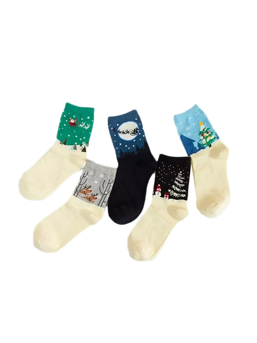 Women's 5 Pairs Cartoon Christmas Reindeer Snowman Print Socks