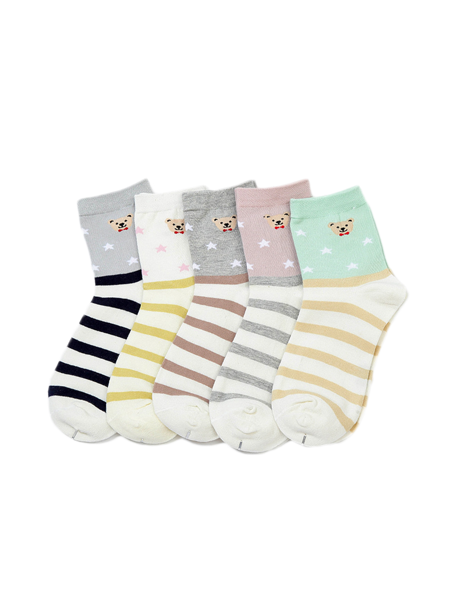 Women's 5 Pairs Stripes Cartoon Little Bear Print Causal Cotton Socks
