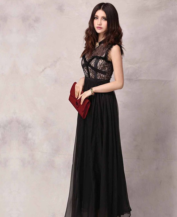 Elegant Women's Black Chiffon Lace Long Sleeveless Maxi Full Long Dress ...